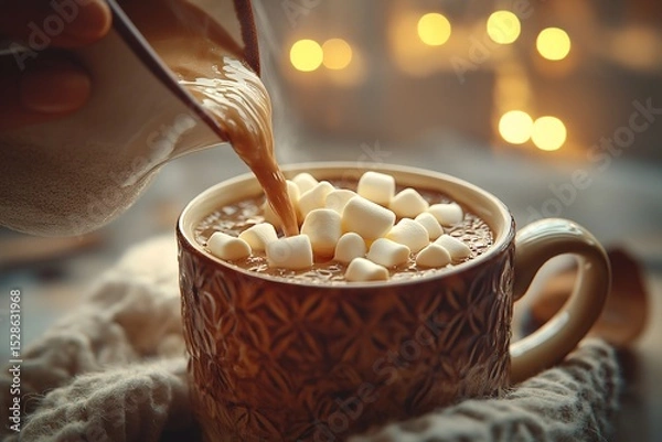 Fototapeta Cozy Winter Warmers. Indulgent Hot Chocolate with Marshmallows and Whipped Cream for the Festive Season