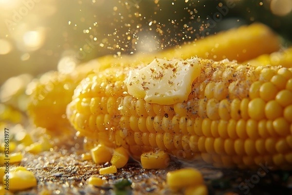 Fototapeta Grilled Ears of Corn with Butter and Sprinkled Seasoning. Tasty Summer Side Dish for BBQ and Healthy Eating