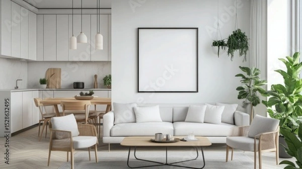 Obraz Mockup poster frames on the wall of living room Interior mockup Apartment background Modern Japandi interior design 3D render