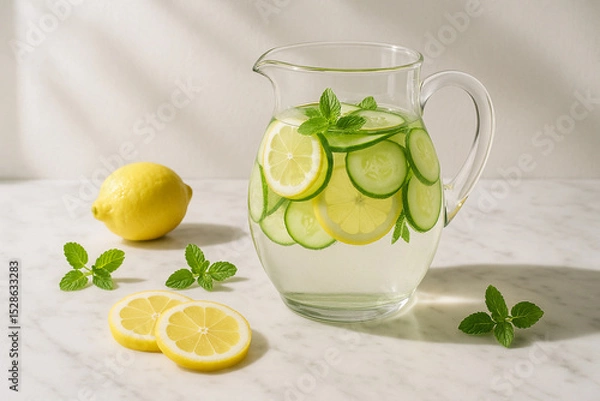 Fototapeta A refreshing summer drink setup featuring a glass pitcher of lemon cucumber infused water, set on a marble counter with sprigs of mint and sliced lemons, sunlight casting soft shadows.