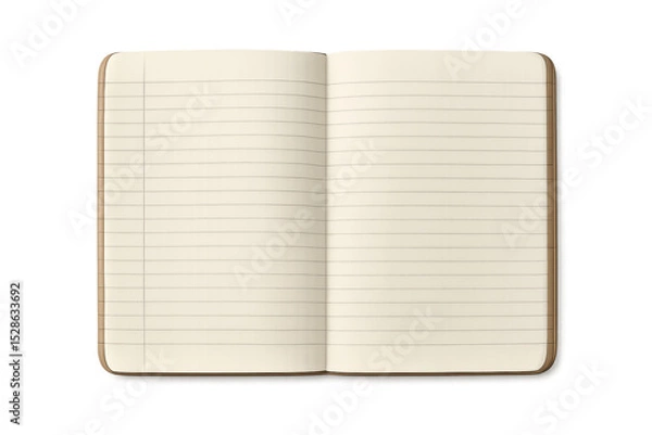 Obraz Open notebook showing blank lined pages on a transparent background, ready for writing or drawing