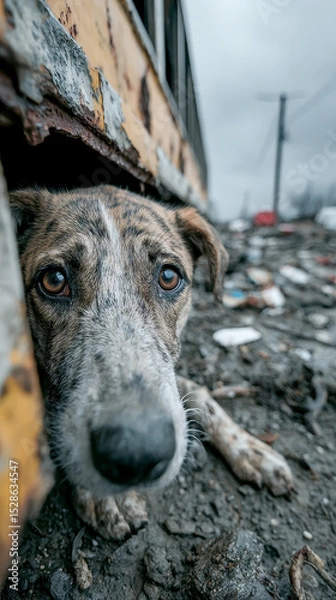 Obraz Close-up of a fear dog under bus, a dog lying in a damaged environment, looking distressed after disaster or catastrophe, destruction aftermath.