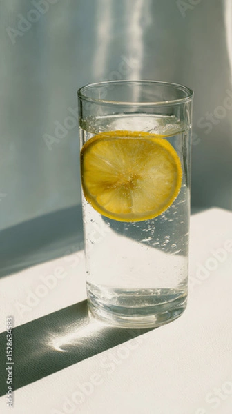 Obraz A glass of water with a lemon slice in it. The glass is half full and the lemon slice is floating on top of the water. in morning light.