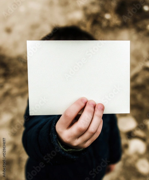 Obraz Photo of a white sheet of paper in the hands of a child in front of the camera in white colors.