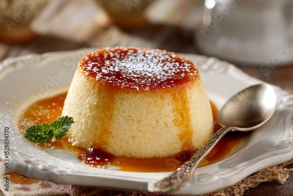 Obraz Classic Spanish flan with creamy texture and golden caramel topping, served as a rich, elegant dessert.