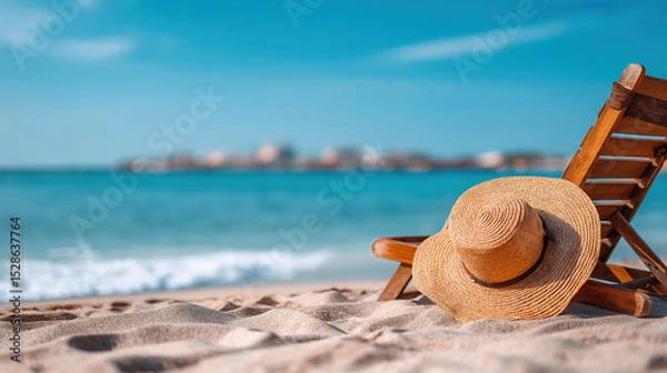 Fototapeta Relaxing beachside with a straw hat on a sunny day by the ocean
