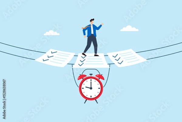 Fototapeta Flat illustration of businessman walking on checklist bridge suspended by alarm clock for concept of time management and task planning