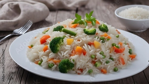 Fototapeta appetizing healthy rice with vegetables in white plate on a wooden table