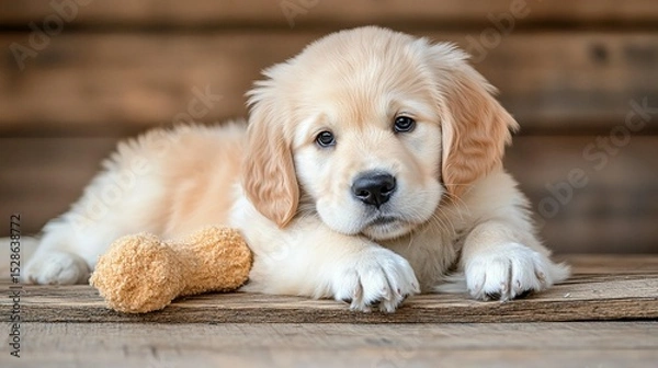 Fototapeta A golden retriever puppy, lying on rustic wooden planks, with a dog bone toy