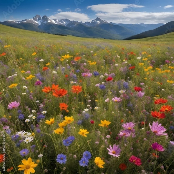 Fototapeta a vibrant wildflower meadow in full bloom with bright colorful flowers stretching out to a distant