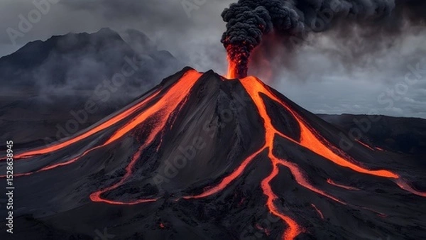 Fototapeta a volcano with a lava flow going down the middle
