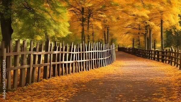 Fototapeta beautiful autumn in the park road fenced with wooden barrier