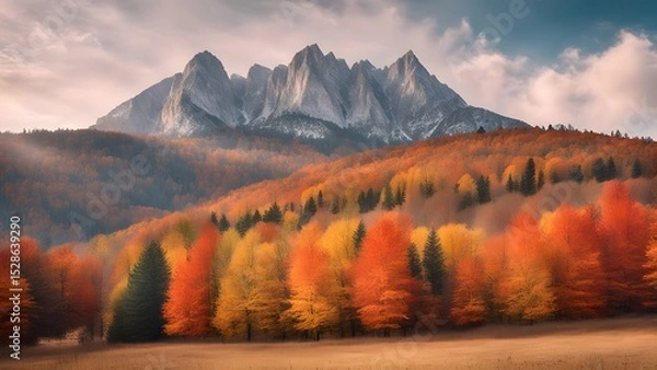 Fototapeta Beautiful autumn landscape against a mountain backdrop in bright tones