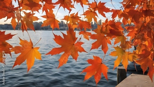 Fototapeta beautiful autumn maple leaves on the waterfront
