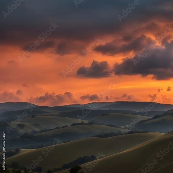 Fototapeta beautiful bright orange sky with clouds at sunset over hills