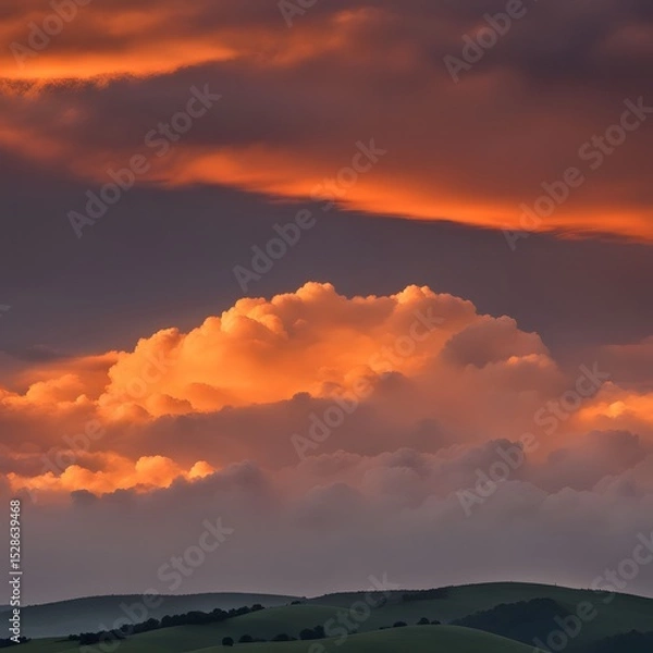 Fototapeta beautiful bright orange sky with clouds at sunset over hills