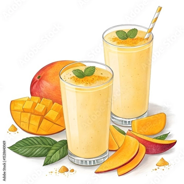 Obraz Two mango smoothies with fresh mango slices isolated on white background