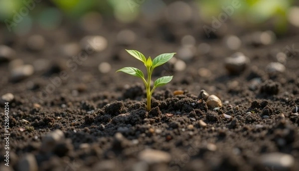 Fototapeta Growing a little plant from plastic garbage in rich soil, understanding ecology, pollution, and environmental hope