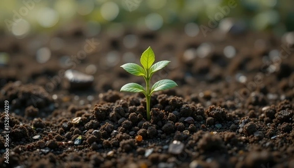 Fototapeta Growing a little plant from plastic garbage in rich soil, understanding ecology, pollution, and environmental hope