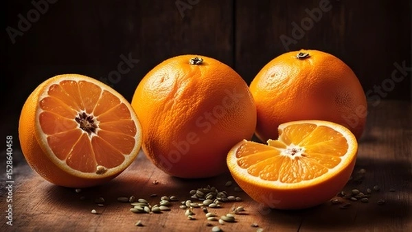 Fototapeta well arranged still life of both halved and whole oranges display half of fresh orange laid 