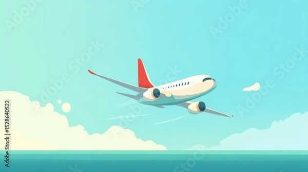 Fototapeta Airplane Soaring Above Bright Blue Ocean and Clear Sky Landscape