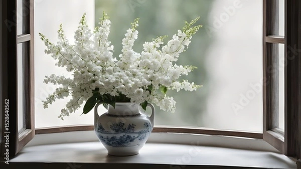 Fototapeta window with a bouquet of white flowers in a ceramic vase with a window sill for Chinese goods