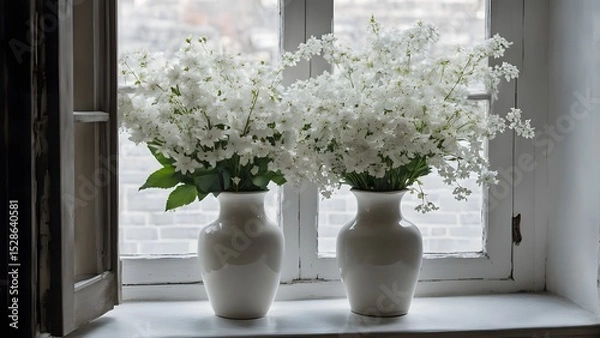 Fototapeta window with a bouquet of white flowers in a ceramic vase with a window sill for Chinese goods