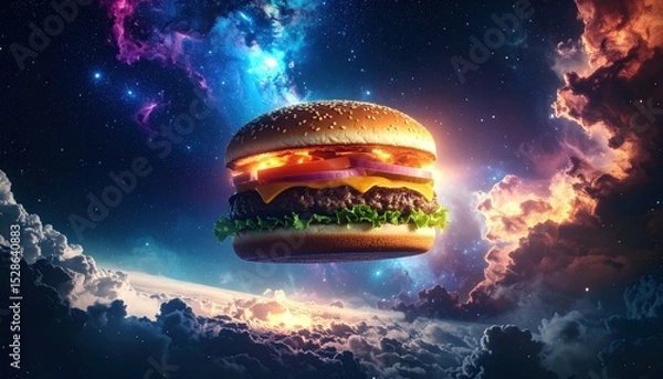 Fototapeta Surreal burger floats against a backdrop of cosmic clouds and stardust