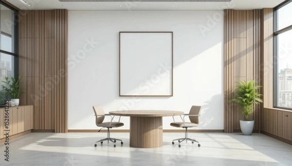 Fototapeta A modern office environment including a round table, a blank vertical frame on a white wall, and wooden wall paneling. Rendering in 3D