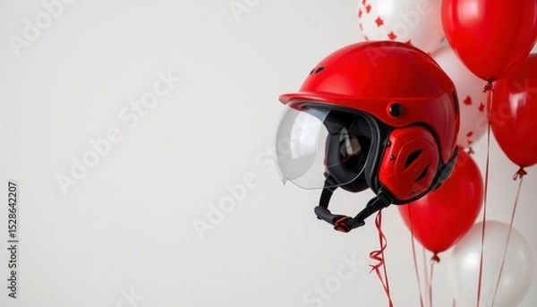 Fototapeta Red safety helmet with black visor floating among vibrant red and white balloons in a festive environment