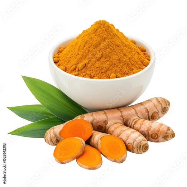 Obraz Turmeric powder and root for healthy lifestyle and cooking spice on transparent background