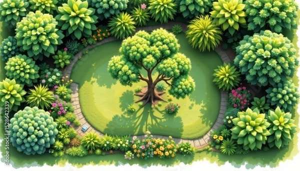 Fototapeta Lush Green Garden with Vibrant Flowers and a Majestic Tree Surrounded by Dense Foliage in a Serene Landscape