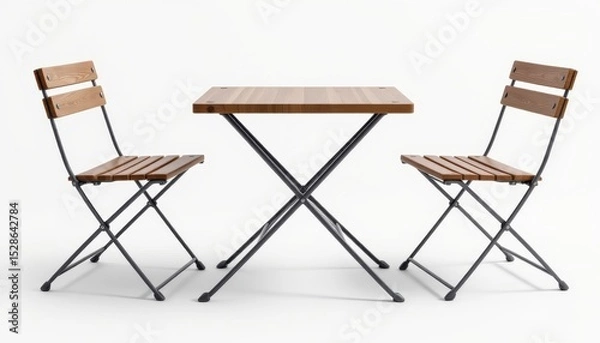 Fototapeta Wooden table and two chairs with folding design for outdoor garden or patio settings, modern minimalistic style