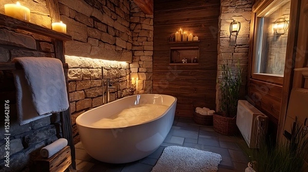 Fototapeta Relaxing Bath in Rustic Bathroom with Stone Walls and Candlelight