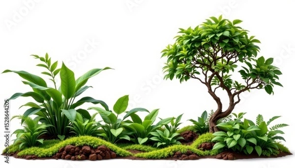 Fototapeta Lush Green Plants and Tree in a Vibrant Natural Landscape with Rich Soil and Fresh Foliage