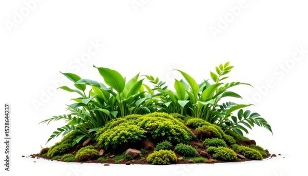 Fototapeta Lush Greenery in a Natural Landscape with Vibrant Plants and Soft Moss on a White Background