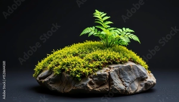 Fototapeta Green Fern Sprouting on Lush Mossy Rock Displaying Nature's Beauty and Tranquility in a Minimalist Style