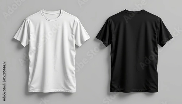 Fototapeta Mockup of Plain White and Black T-Shirts on Gray Background for Custom Design and Apparel Display