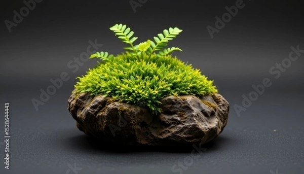 Fototapeta Fresh green moss and delicate fern on a textured stone, showcasing nature's resilience and beauty in a minimalist composition