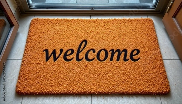 Fototapeta Cozy and Inviting Welcome Mat in Bright Orange Color with Black Text Displaying the Word Welcome at Home Entrance