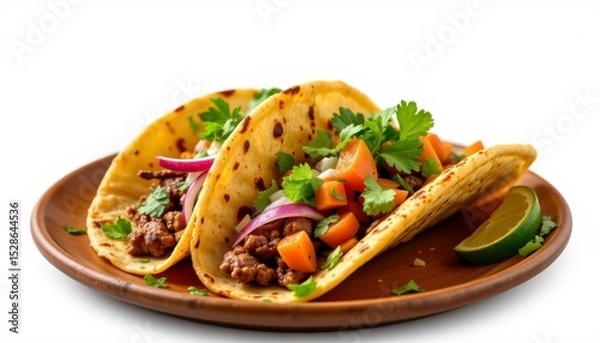 Fototapeta Delicious tacos with savory filling, fresh vegetables, and herbs served on a wooden plate with lime and cilantro garnish