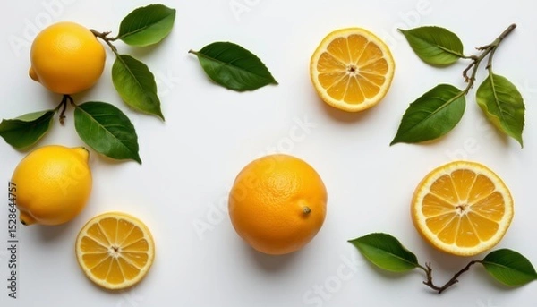 Fototapeta Fresh Lemons and Oranges with Green Leaves on White Background for Vibrant Culinary and Healthy Lifestyle Displays