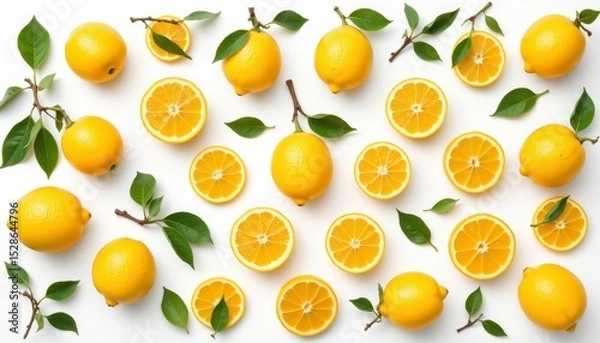 Fototapeta Fresh Lemons with Green Leaves Arranged on White Background Highlighting Their Bright Color and Sweet Juicy Texture
