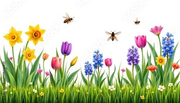 Fototapeta Colorful Spring Flower Garden with Bees and Bright Blooms Under Clear Sky