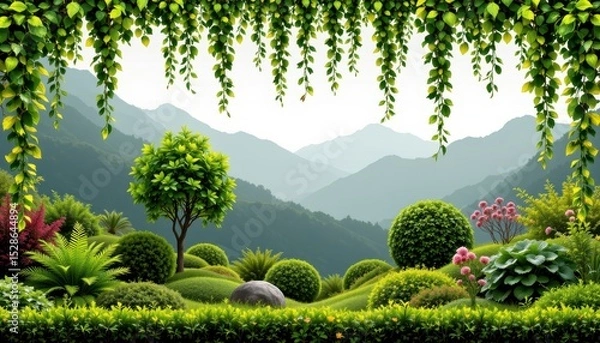 Fototapeta Lush Green Landscape with Rolling Hills and Vibrant Vegetation Underneath a Clear Sky in a Natural Paradise