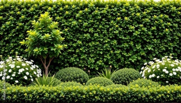 Fototapeta Lush Green Hedge with Decorative Bushes and White Flowers in a Well-Maintained Garden Landscape Design