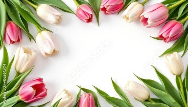 Fototapeta Elegant Arrangement of Pink and White Tulips with Fresh Green Leaves on a Clean White Background