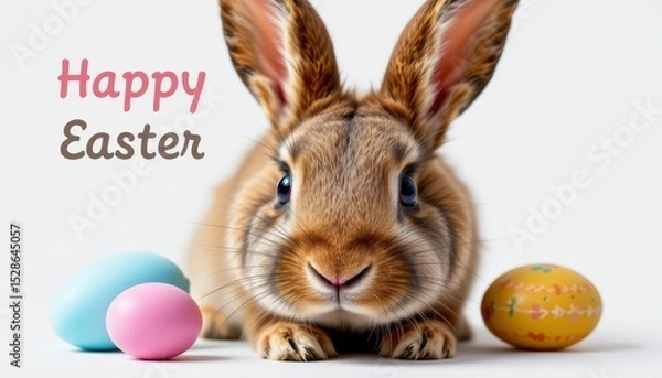 Fototapeta Cute bunny with colorful eggs, celebrating Easter joyfully with pastel colors and happy greetings in a bright and cheerful setting