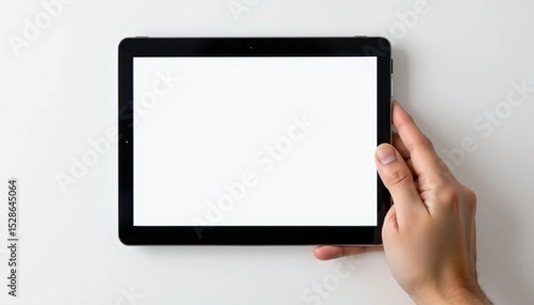 Fototapeta Hand Holding Black Tablet with Blank Screen on White Background for Digital Display or Mockup Usage