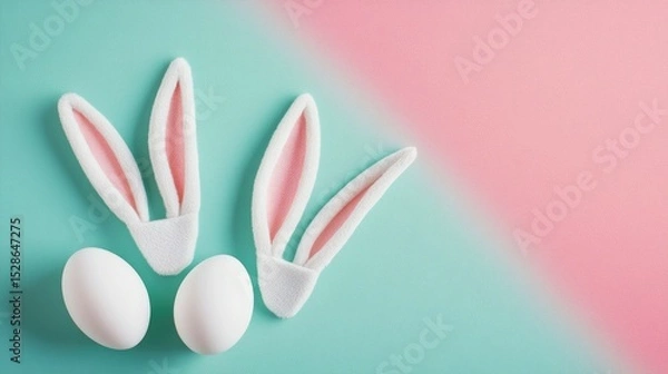 Fototapeta easter bunny ears white eggs on isolated pastel background with copyspace